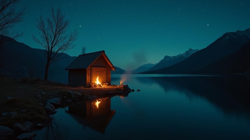 Serene Lakeside Cabin Under Starry Skies