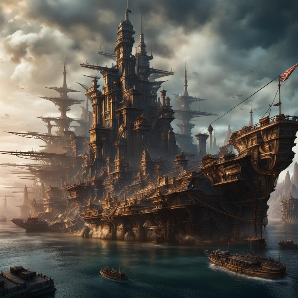 Fantastical Battleship City Concept Art