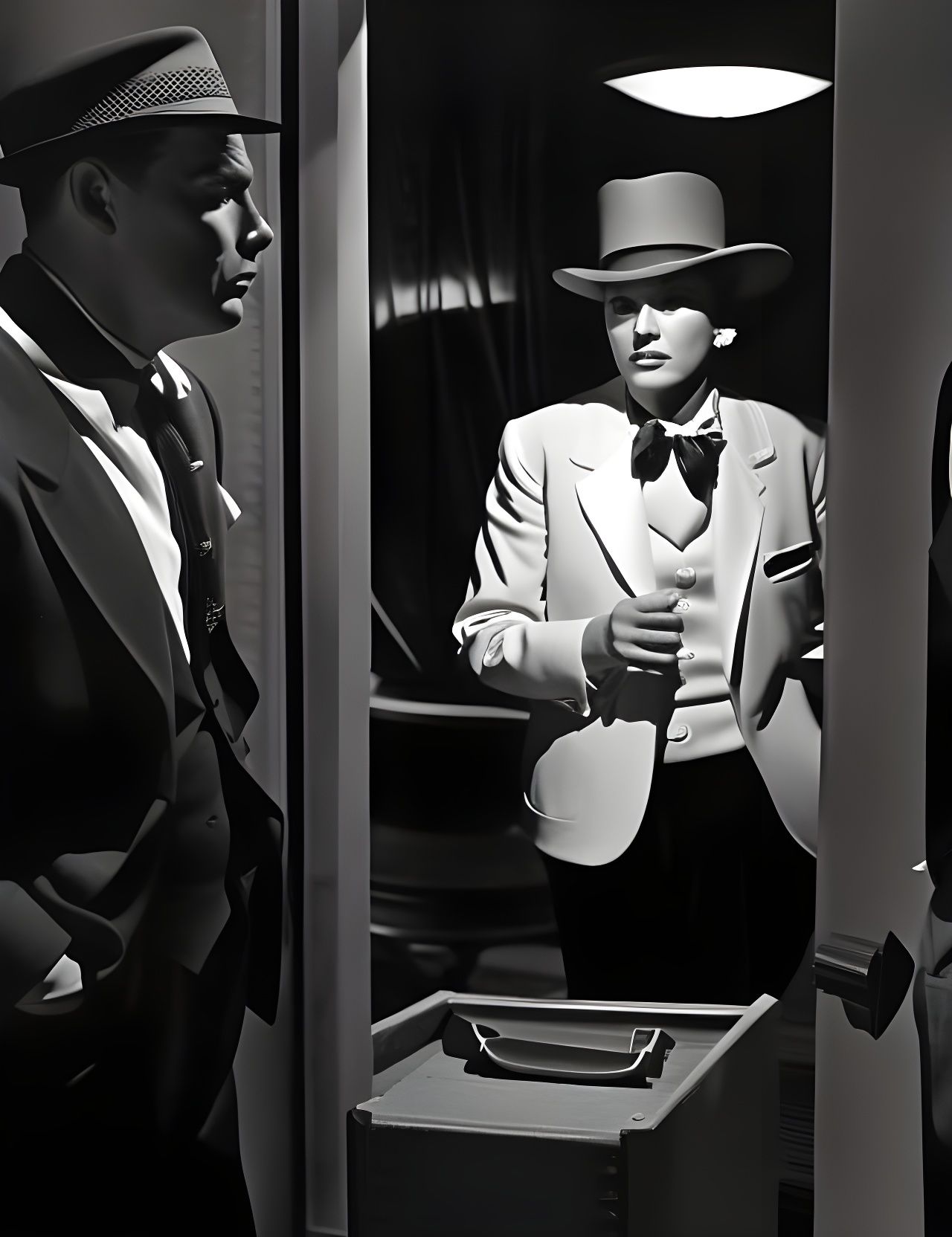 Classic Film Noir Scene with Three People