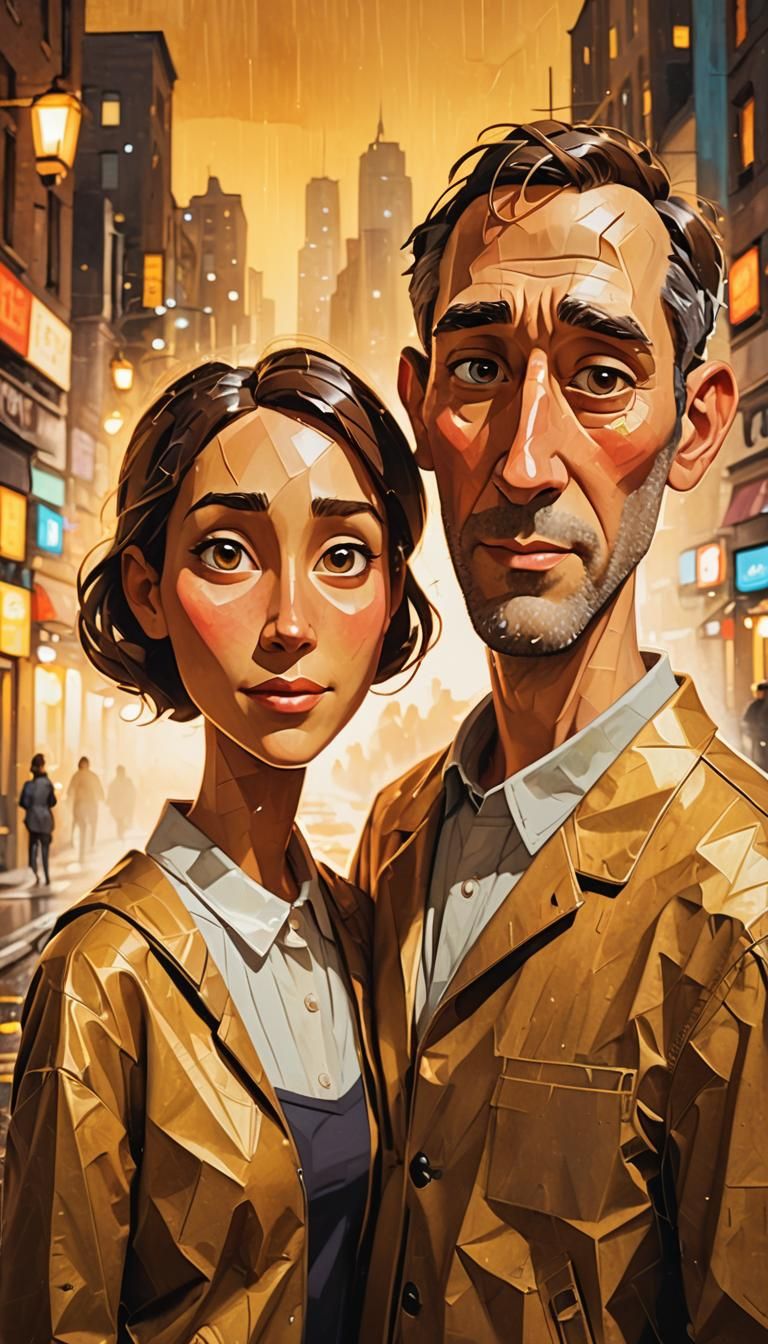 Charming Cardboard Couple in Cityscape, Digital Painting