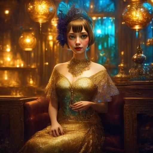1920s Flapper in Speakeasy with Gold Filigree