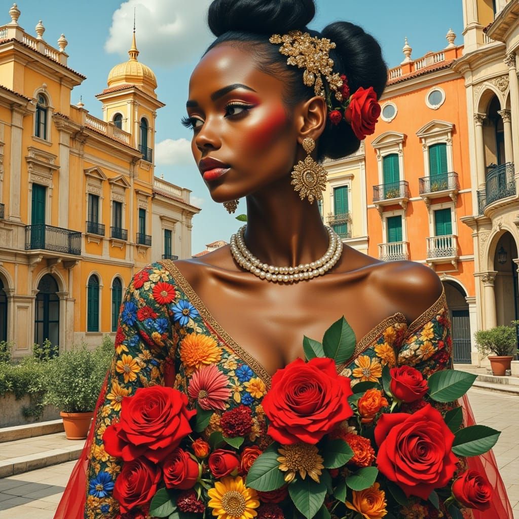 Elegant African Bride with Roses in Baroque Setting