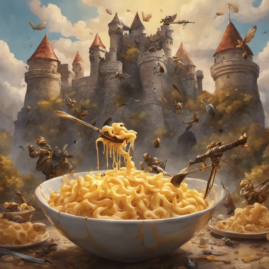Mac and Cheese Castle Defense: Hyperrealistic Splash Art