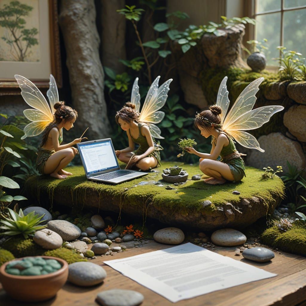 Fairies in Zen Office: An Impressionist Oil Painting