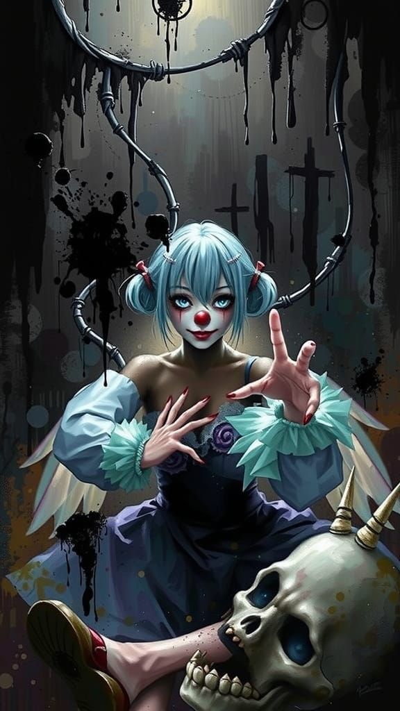Sinister Clown Lady in Dark Fantasy Manga Style