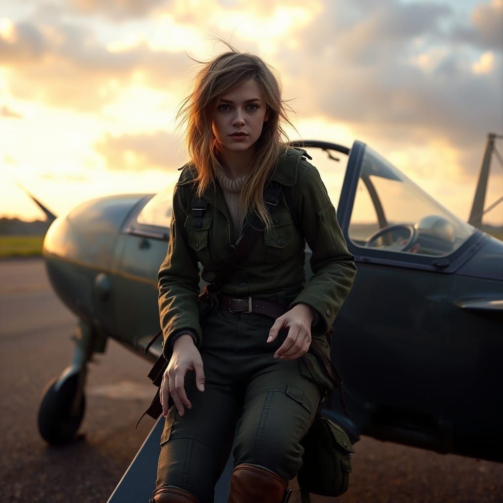 1940s Pilot Readying Plane, Dark Fantasy Art