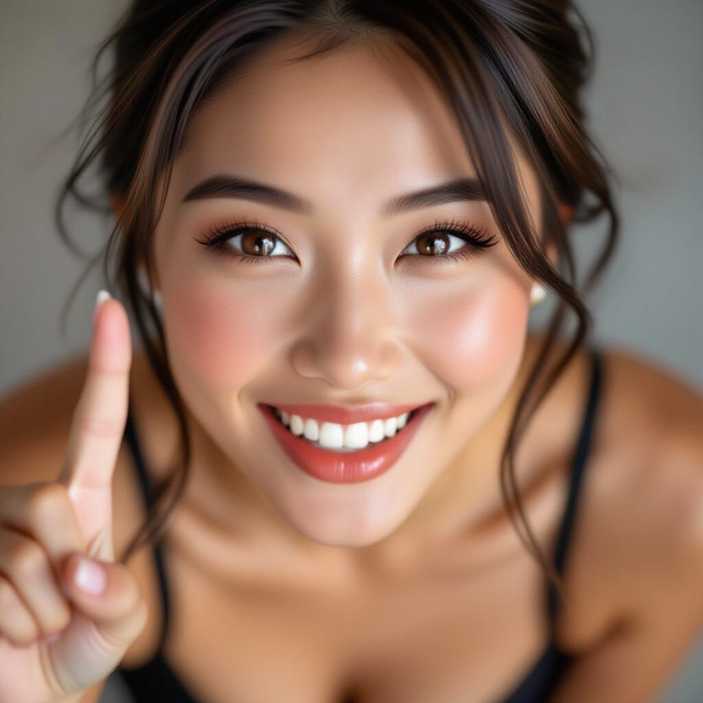 Young Asian Woman's Playful Wink and Victory Sign