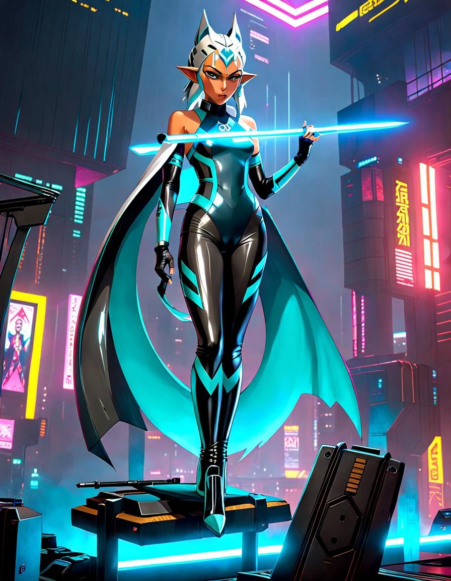 Cyberpunk Ghost Ahsoka in Neon Cityscape