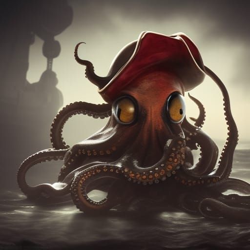 Octopus Pirate with Cannon and Ship, Dark Fantasy Art