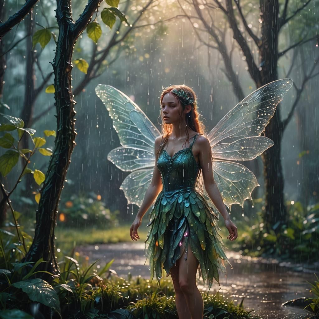 Surreal Fairy in Rain: Dreamlike Oil Painting