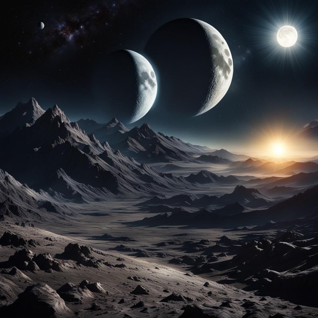 Moon Lit by Sun in Dark Starry Space