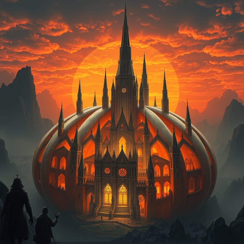 Ethereal Pumpkin Metropolis in Fiery Orange Twilight