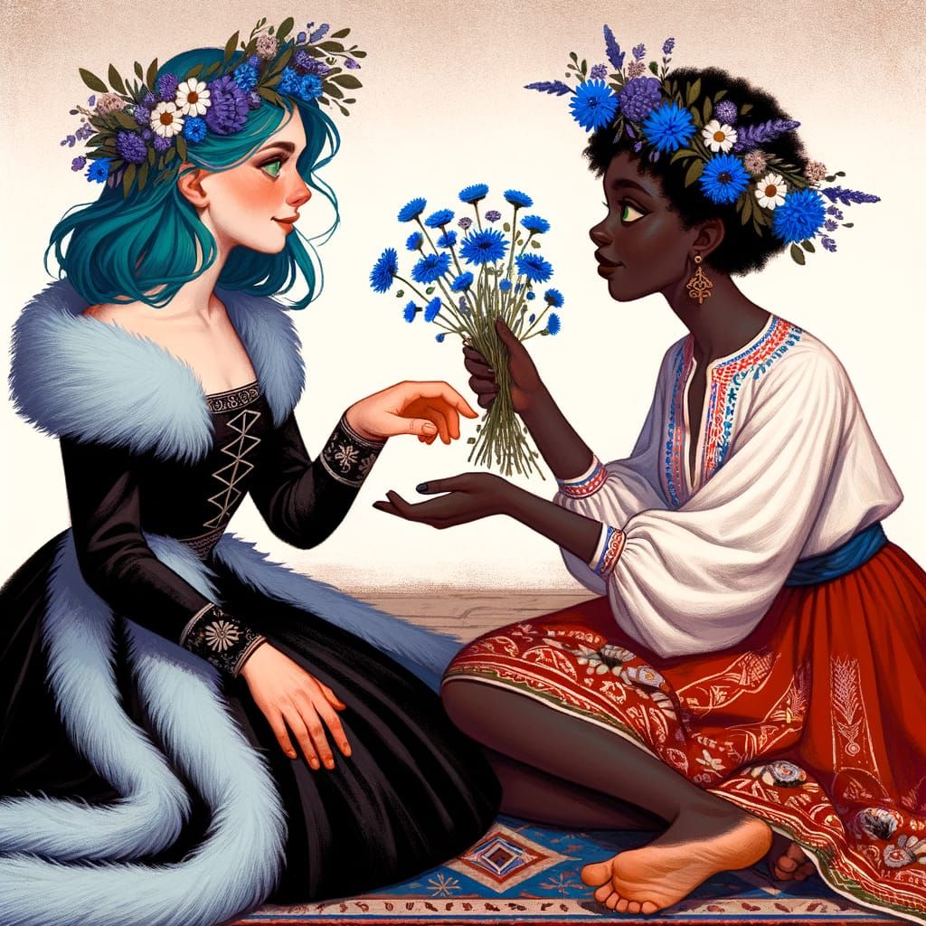 Turquoise Haired Woman with Cornflowers and Black Dress