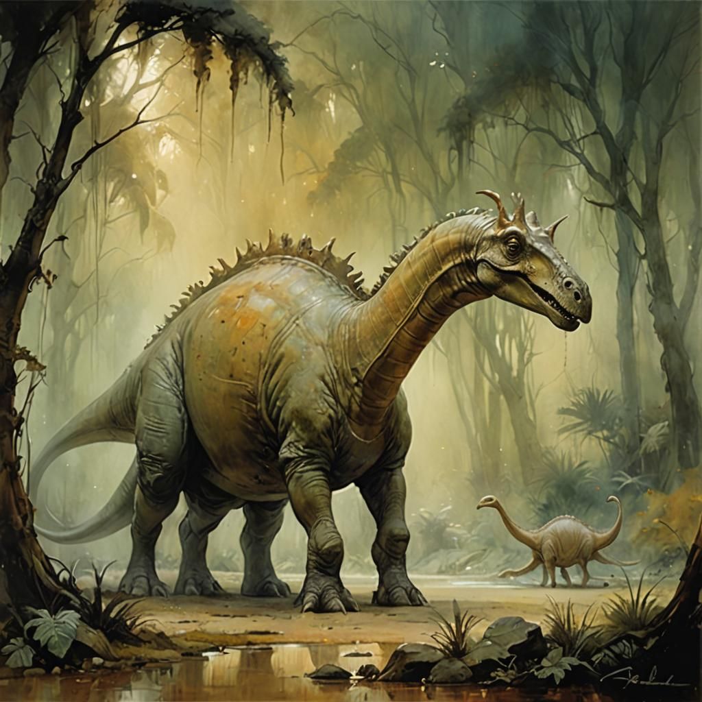 Romantic Prehistoric Landscape in Impressionist Style