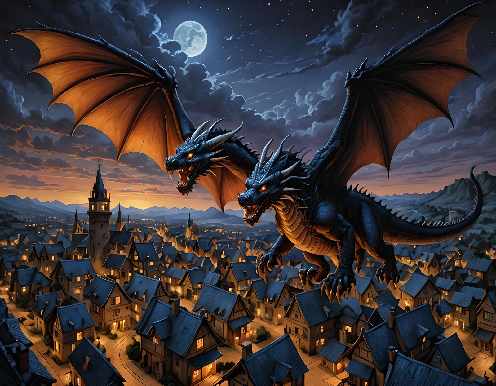 Dragonlion Soaring Over Village: Hyperrealistic Fantasy Art