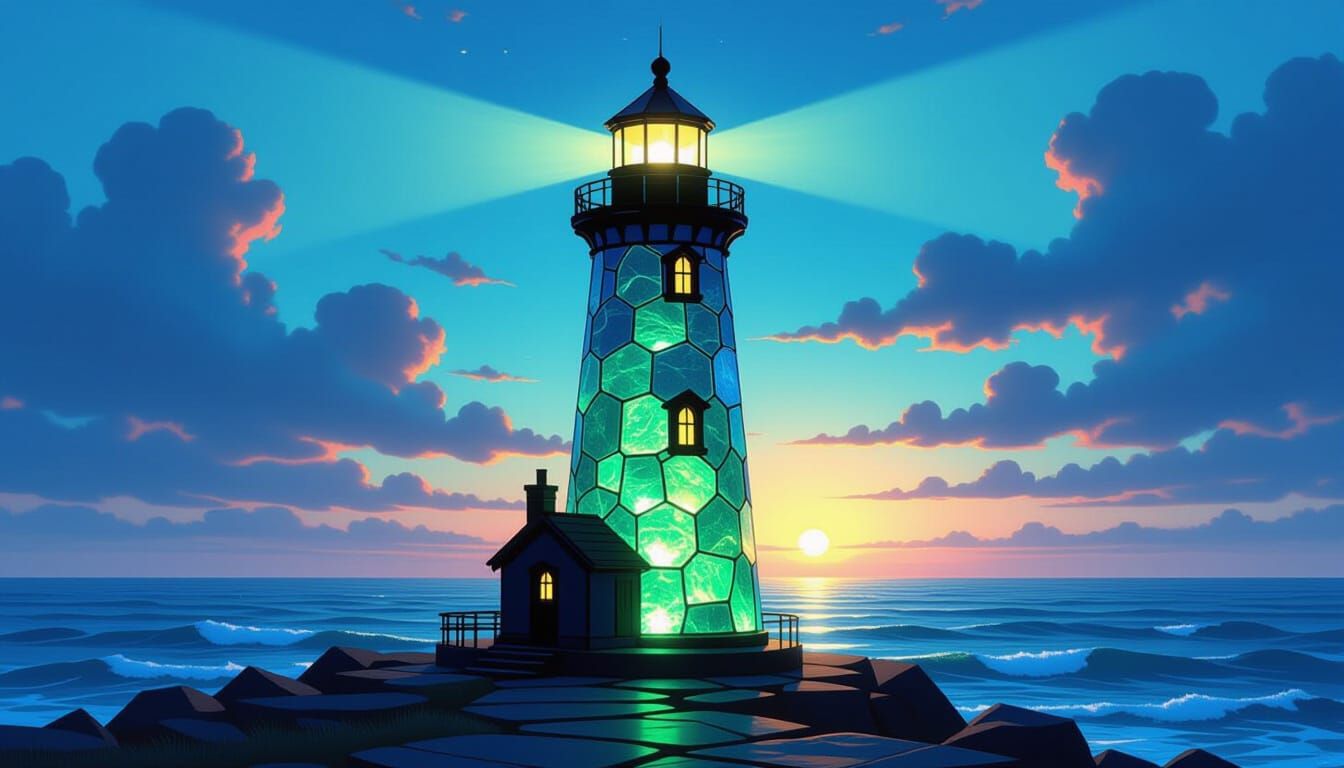 Sea Glass Lighthouse Charcoal Drawing at Twilight