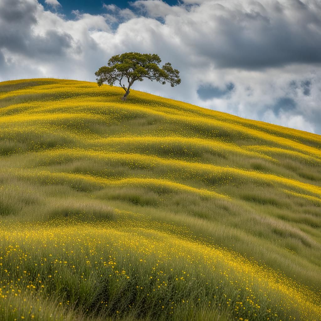 Wildflower Hillside with Lone Tree