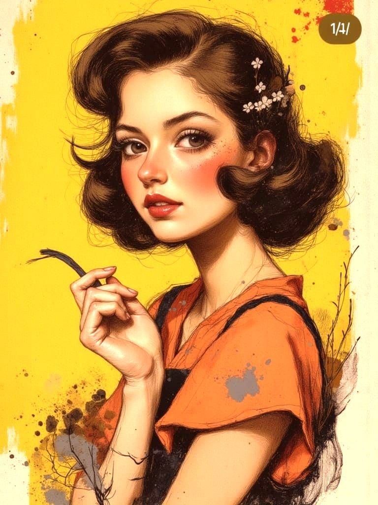 Sultry Pin-Up Girl in Retro Linework Style