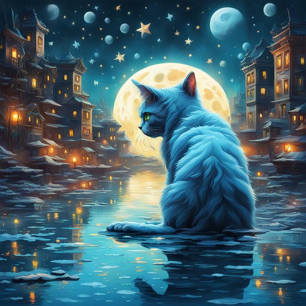 Blue Cat Walks on Water: Graffiti Art Style