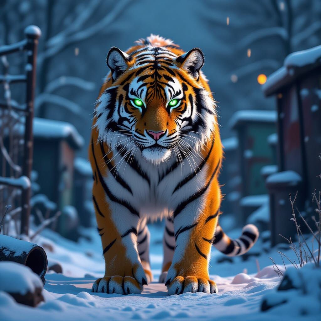 Cybernetic Tiger Guarding Junkyard in Anime Style