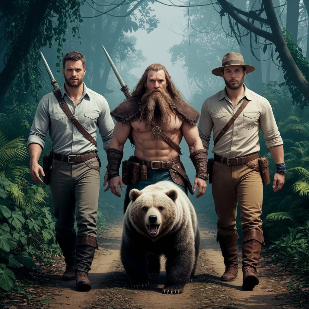 Adventurers and Bear Walking Jungle Track