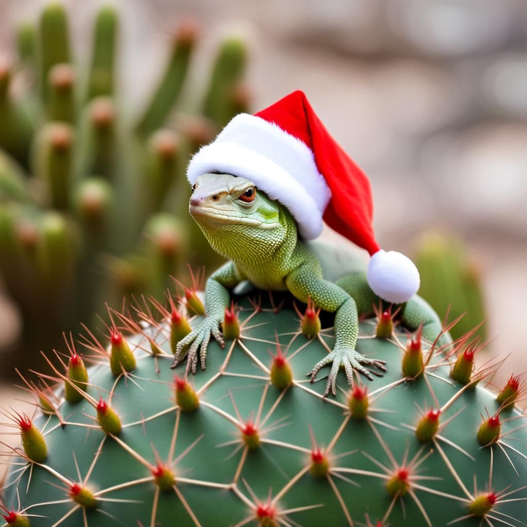 Lizard Celebrates Christmas Under Cactus Tree