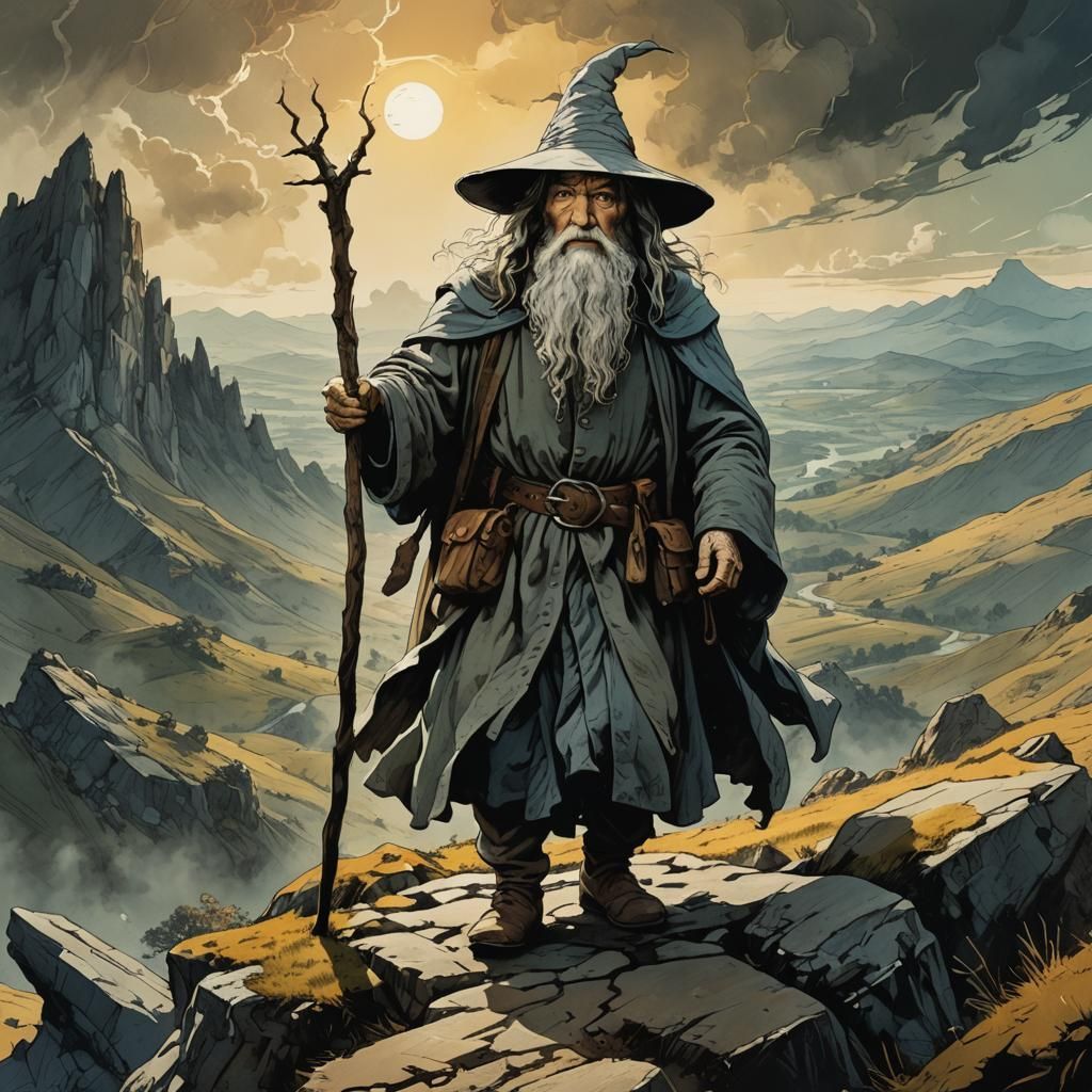 Gandalf on Hill: Retro D&D Digital Art