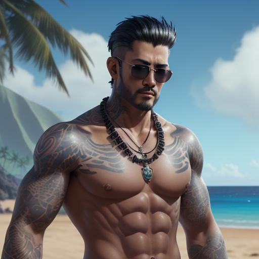 Man with Hawaiian Tattoos on a Beach