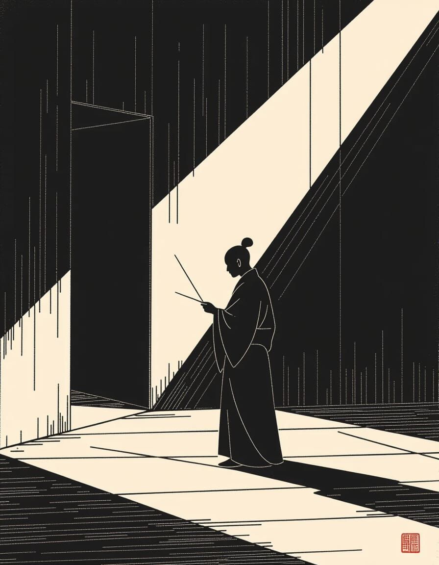 Solitary Figure with Needle in Minimalist Room