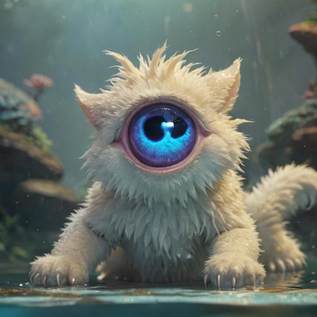 Adorable One-Eyed Creature Playing in Reflective Water