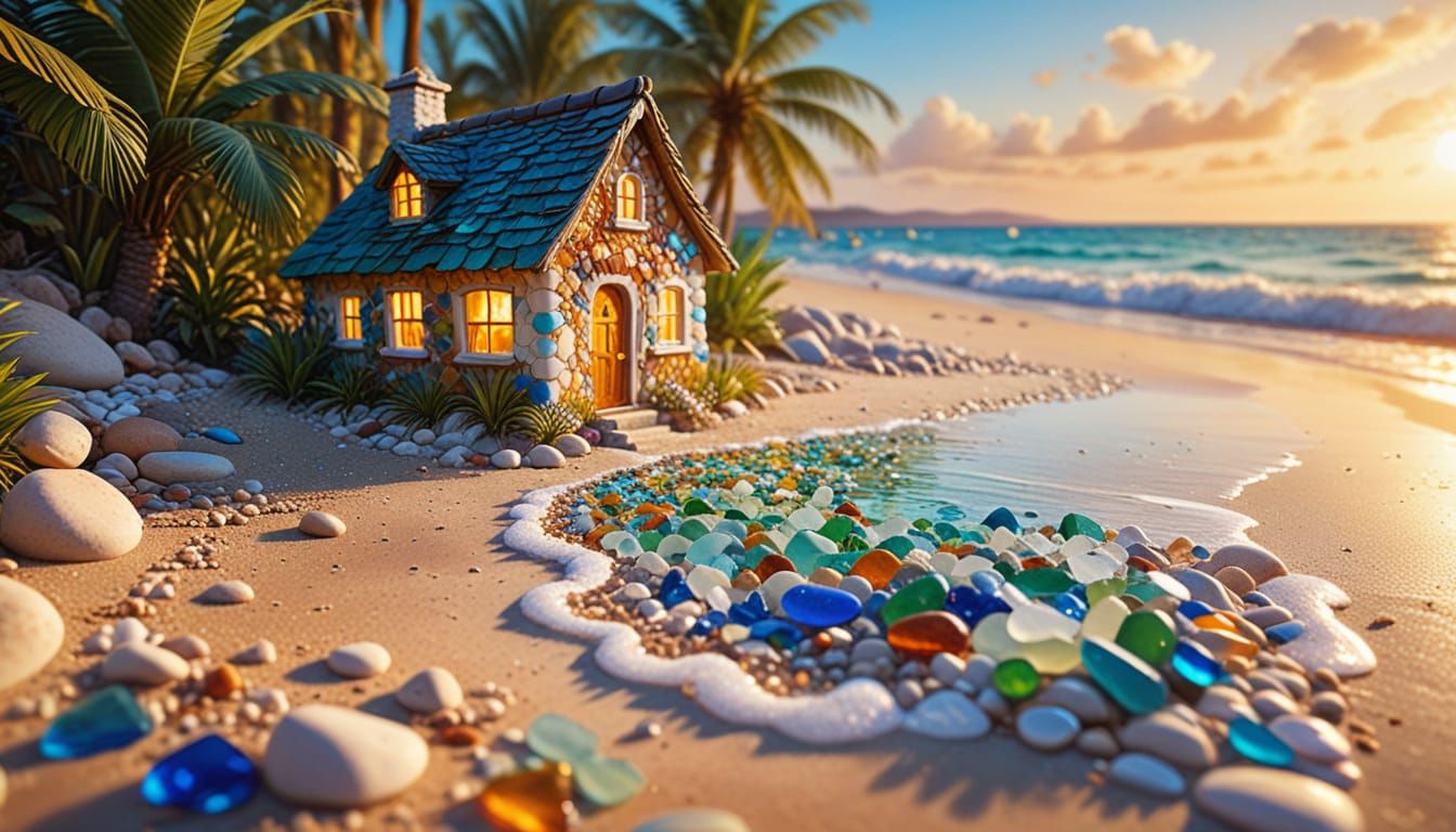 Vibrant Oil Painting of Seaglass Cottage on Beach