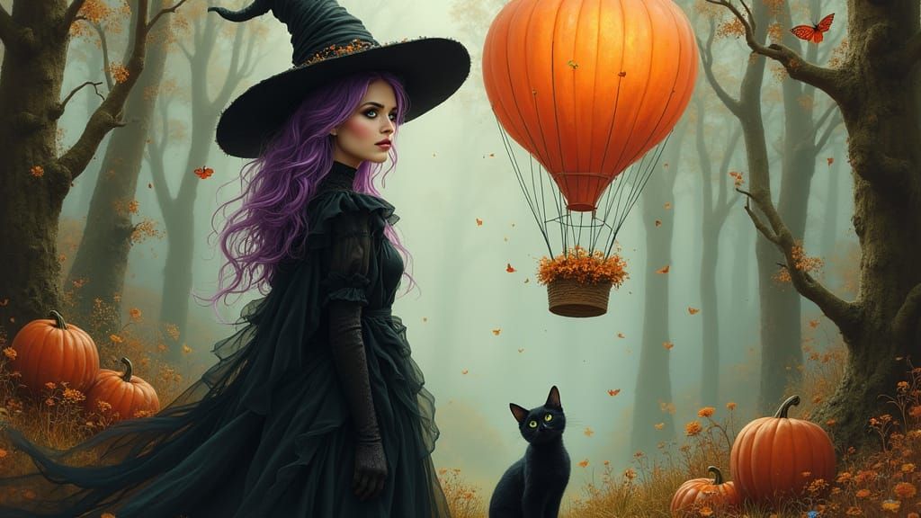 Enchanting Witch with Purple Hair and Hot Air Balloon