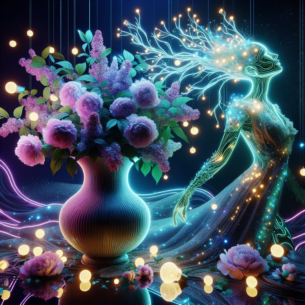 Bioluminescent Mushroom Woman with Neon Flowers