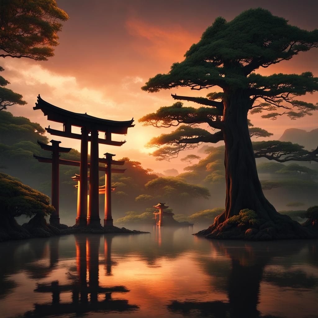 Epic Sunset at Japanese Torii Gate
