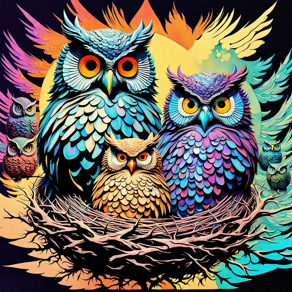Psychedelic Owls and Birds in a Maximalist Nest