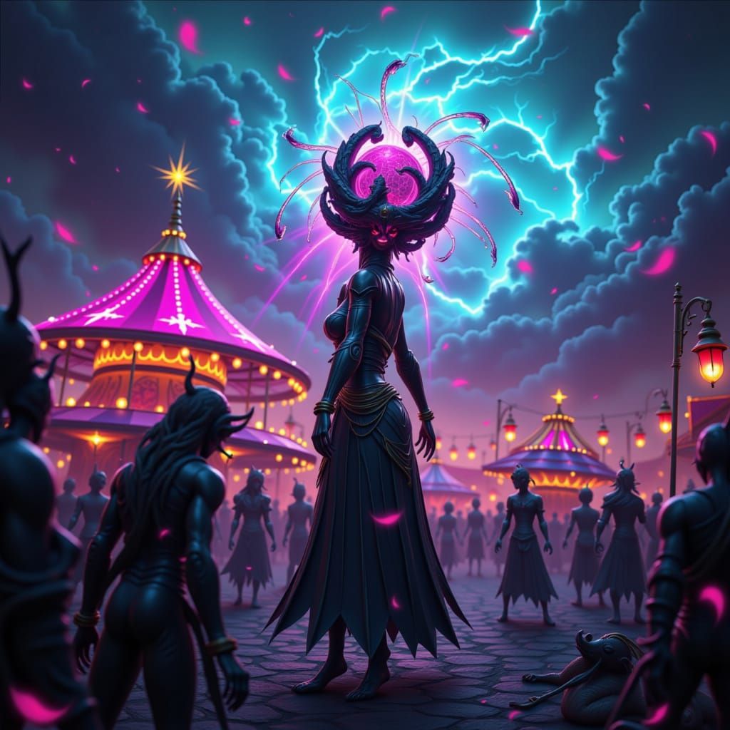 Mystical Carnival at Dusk in Cyberpunk Surrealism Style