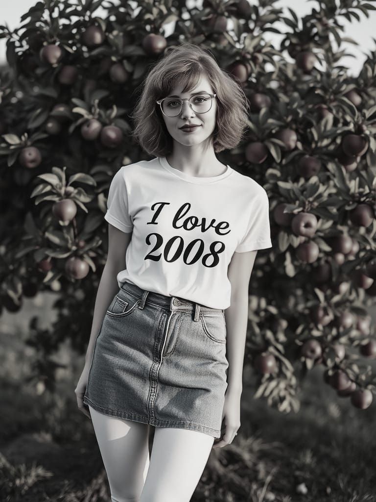 Portrait of a Redheaded Woman in 2000s Style near an Apple T...
