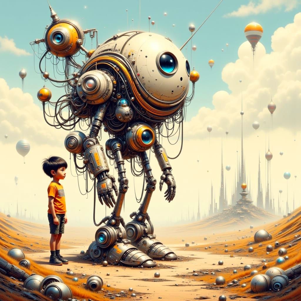 Surreal Robot Meets Boy in Retro-Futuristic Landscape