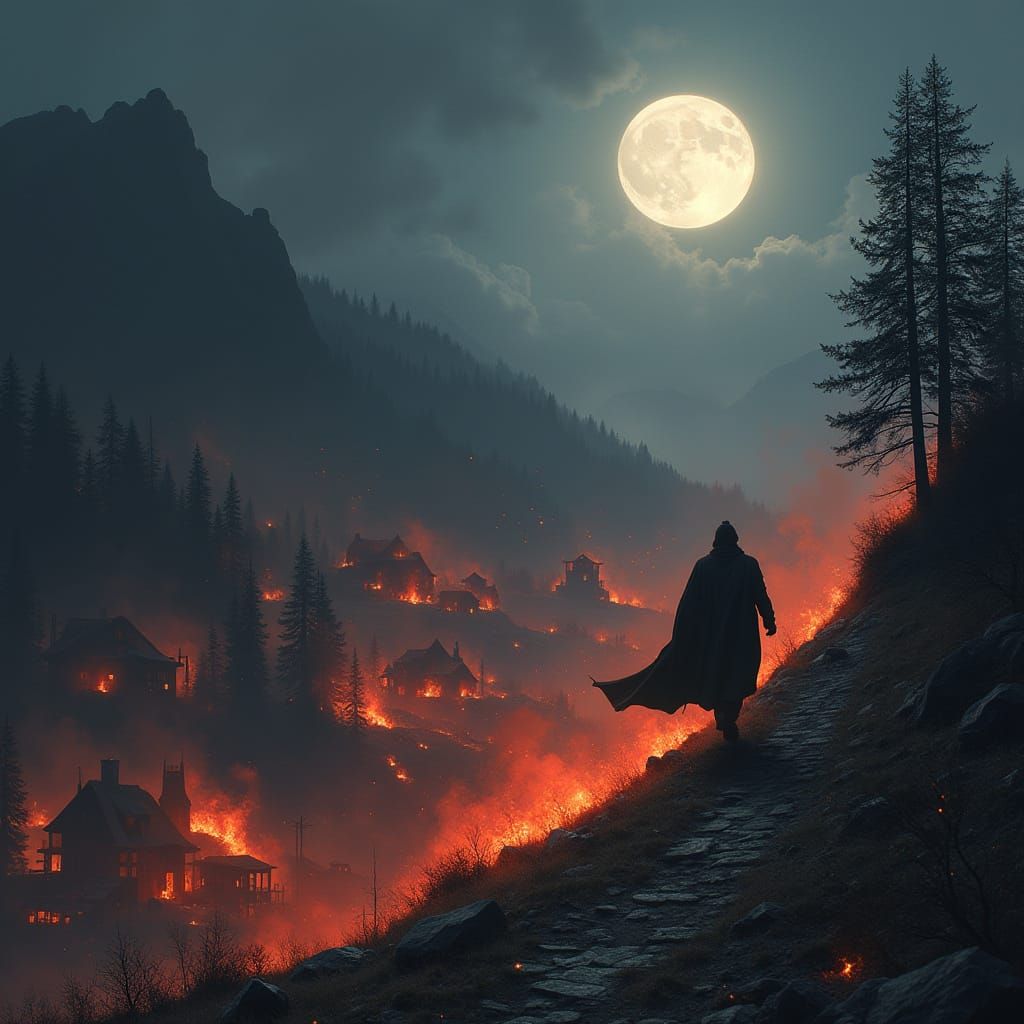 Fantasy Village Engulfed in Flames: Cinematic Lighting