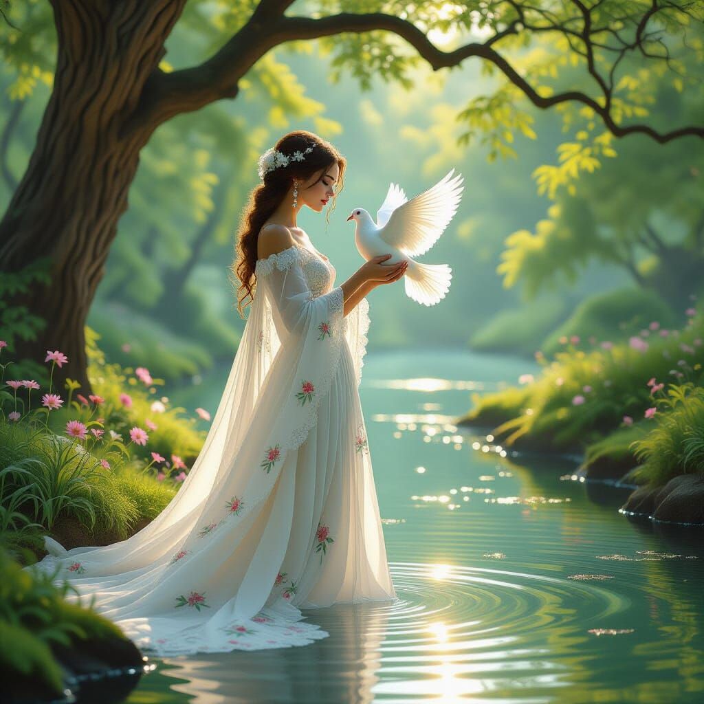 Serene Woman With Dove by Pond in Pre-Raphaelite Style