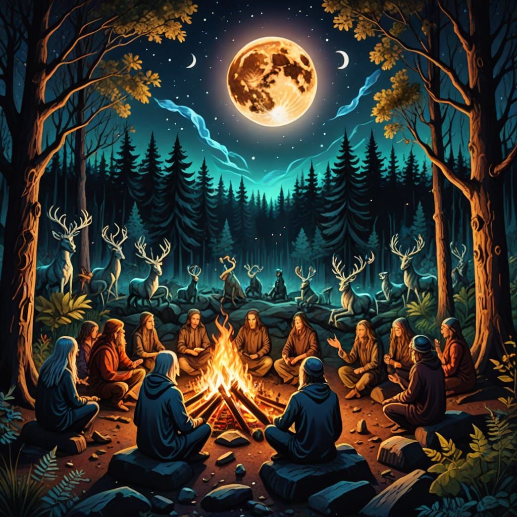 Mythical Beings Gather Under Full Moon's Silvery Glow