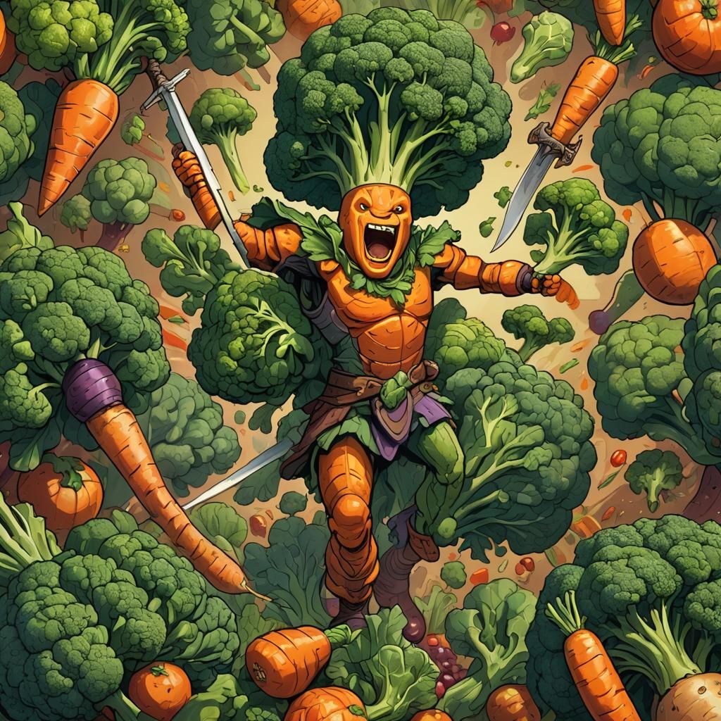 Hyperrealistic Carrot Warrior Swordfight Concept Art