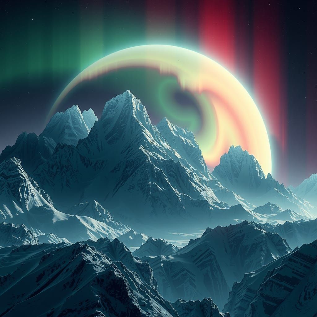Glass Mountains on Alien Planet with Aurora Borealis