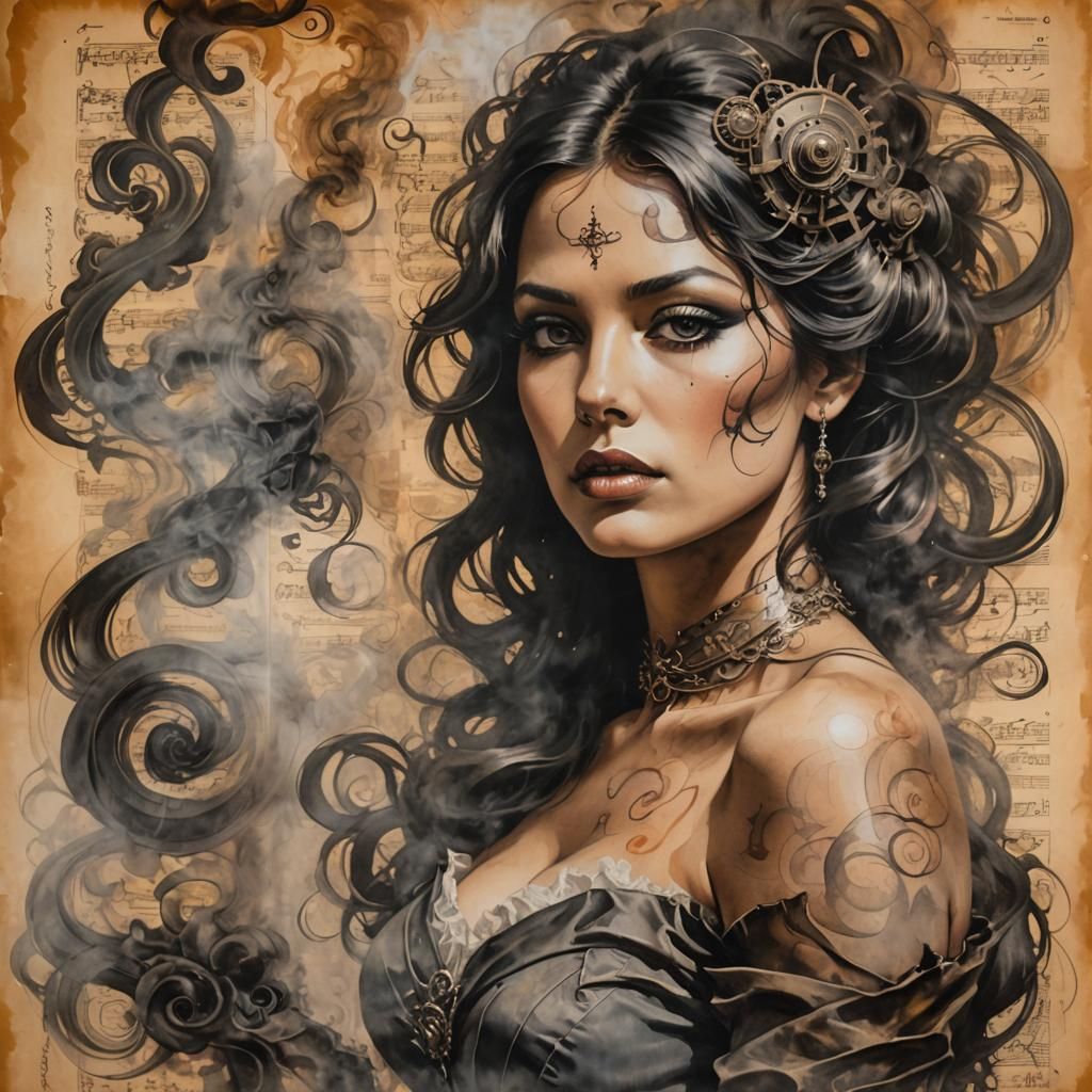 Fantasy Woman Portrait with Burnt Paper in Mixed Media