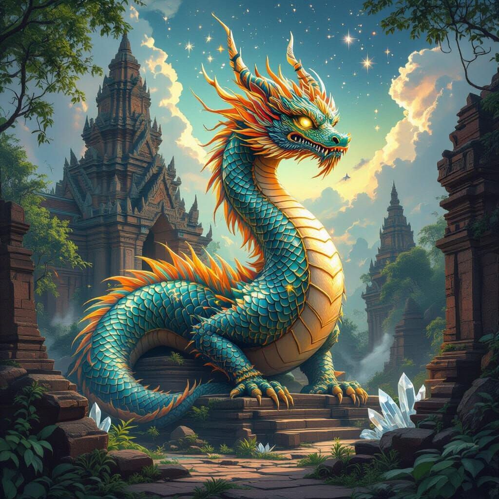 Celestial Dragon Rising from Thai Temple Ruins