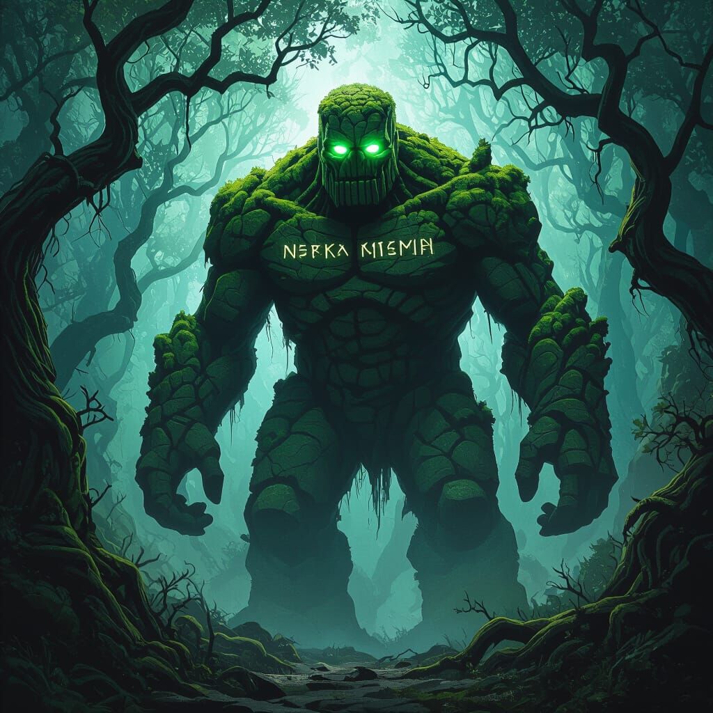 Moss Golem Emerges from Bioluminescent Forest in Dark Fantas...