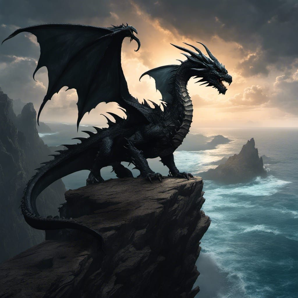 Black Dragon on Cliff Edge: Dark Fantasy Concept Art