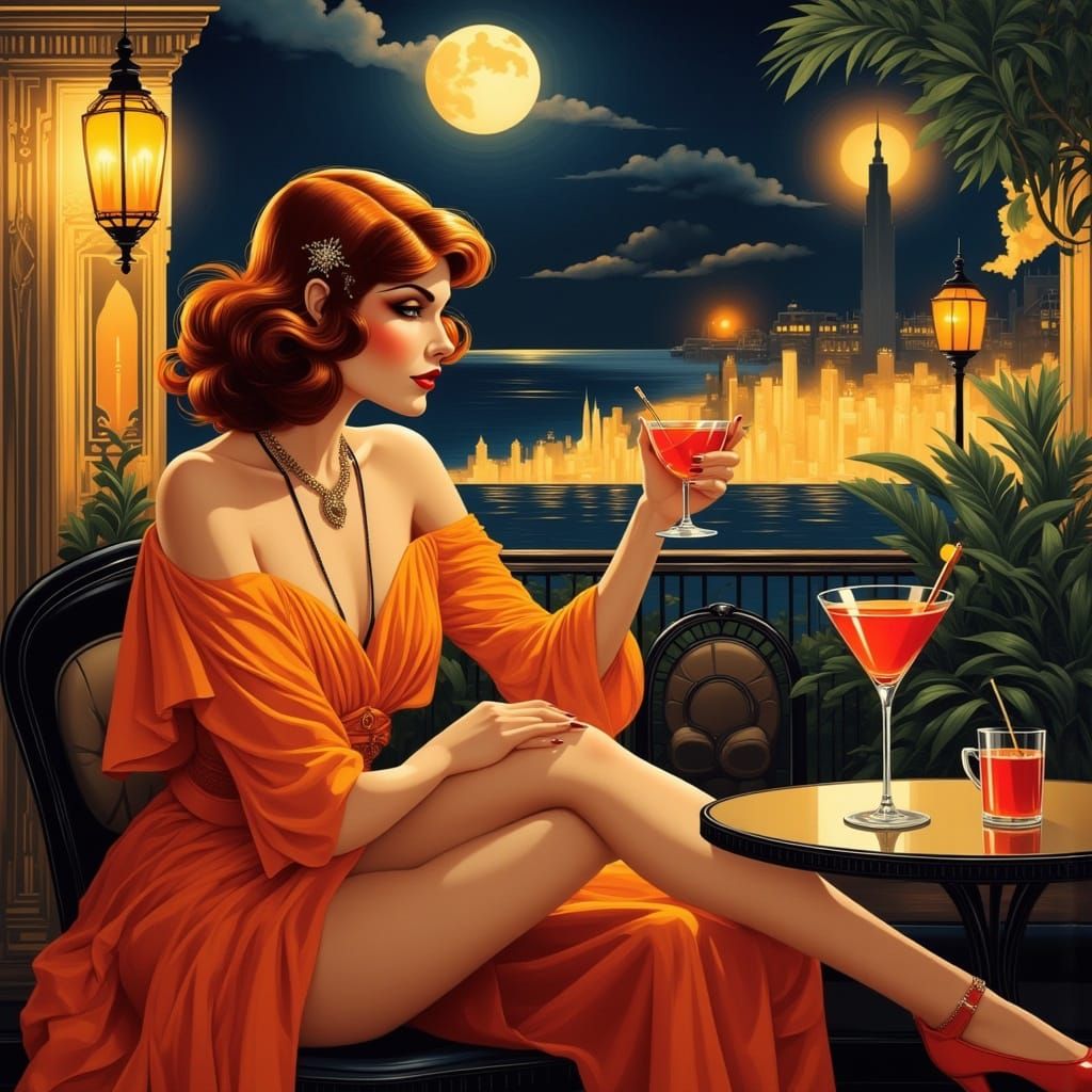 Art Deco Woman at Terrace Bar with Mixed Lighting