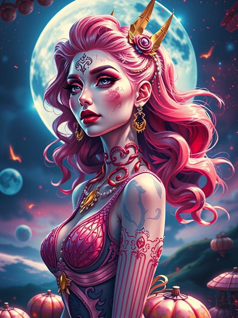 Neon Lit Woman with Bold Makeup