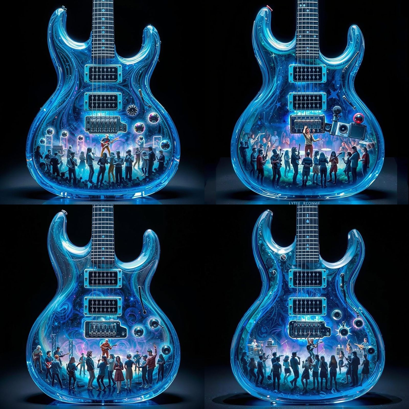 Glass Guitar with Miniature 3D Rock Concert